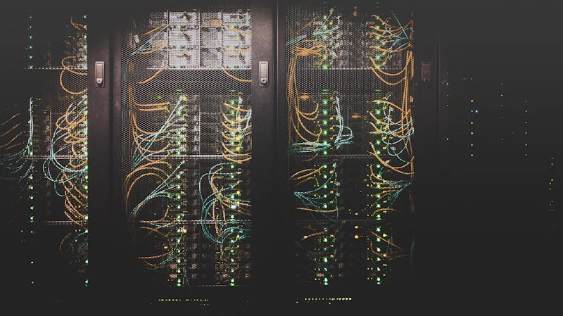 Cabos e servidores em data center representando monitoramento de infraestrutura